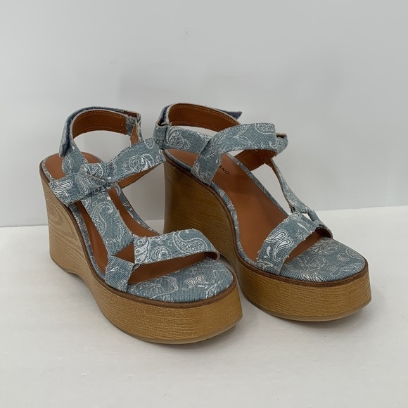 Lucky Brand Demmia wedge platform wood sandal shoe strappy printed denim new 8 - Picture 3 of 7
